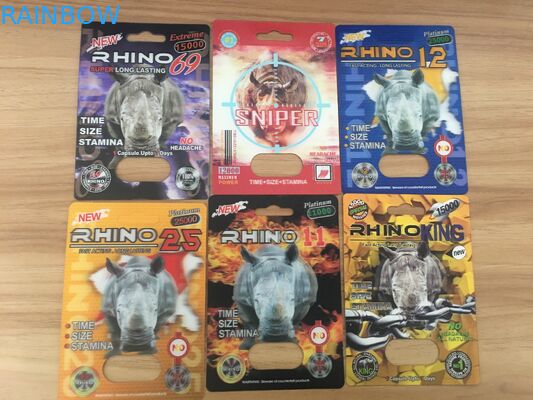 قرص های تقویتی مردانه Rhino گرم و بسته بندی کارت و جعبه نمایش با اثر 3D