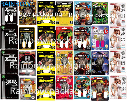 کارت‌های بسته‌بندی 3 بعدی تاولی راینو برای راینو 10 هزار / 100 هزار / 69 قرص جعبه کاغذی قرص‌های گربه گربه صورتی