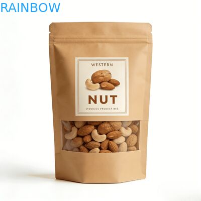 کیسه ایستاده با مهر و موم حرارتی کاغذی کرافت چاپ دیجیتال سفارشی با پنجره برای غذای حیوانات خانگی و تنقلات ضد رطوبت