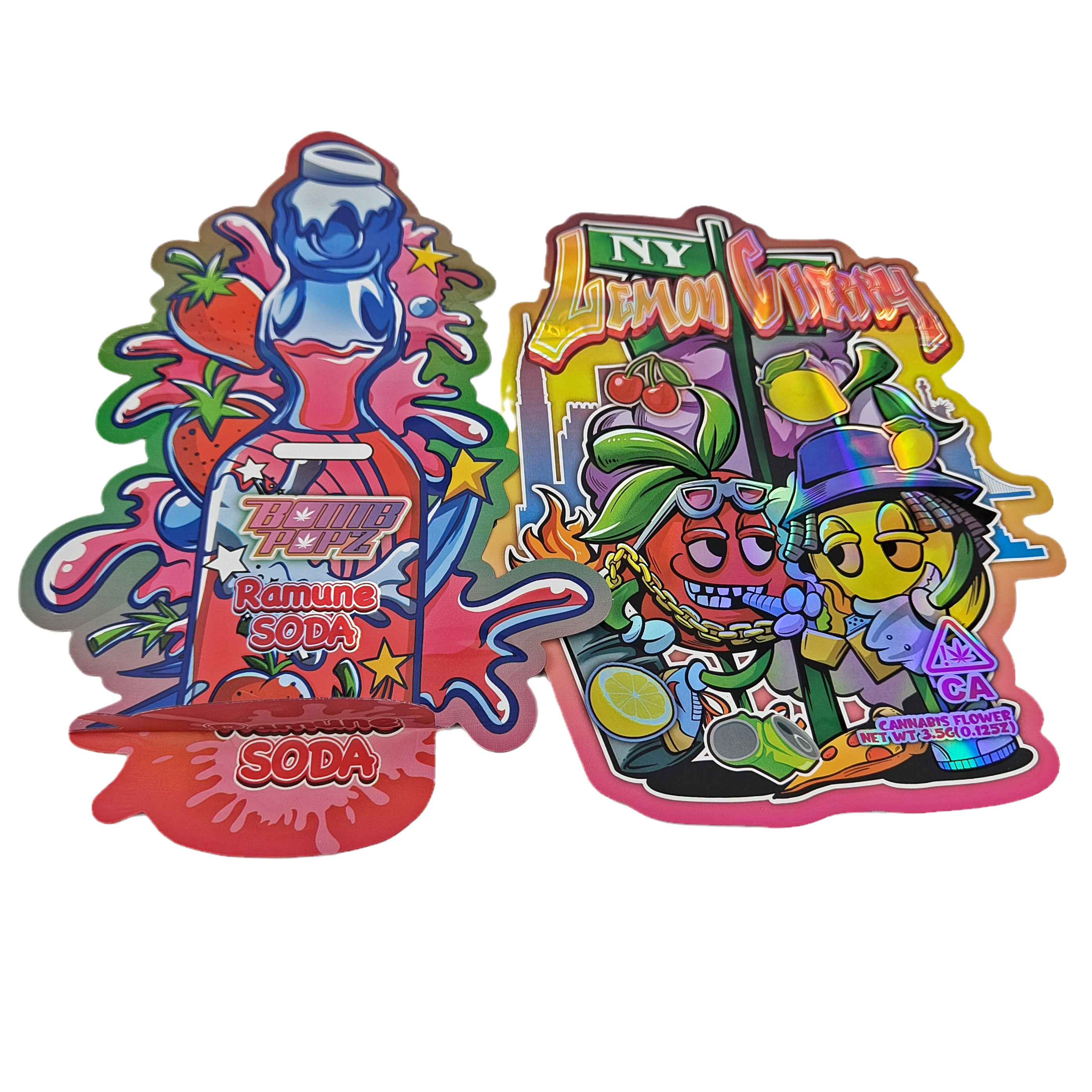 کیف های بسته بندی پلاستیکی بسته بندی آلومینیومی نرم و غیر منظم شکل 3.5g 7g 14g 28g کوله های Mylar