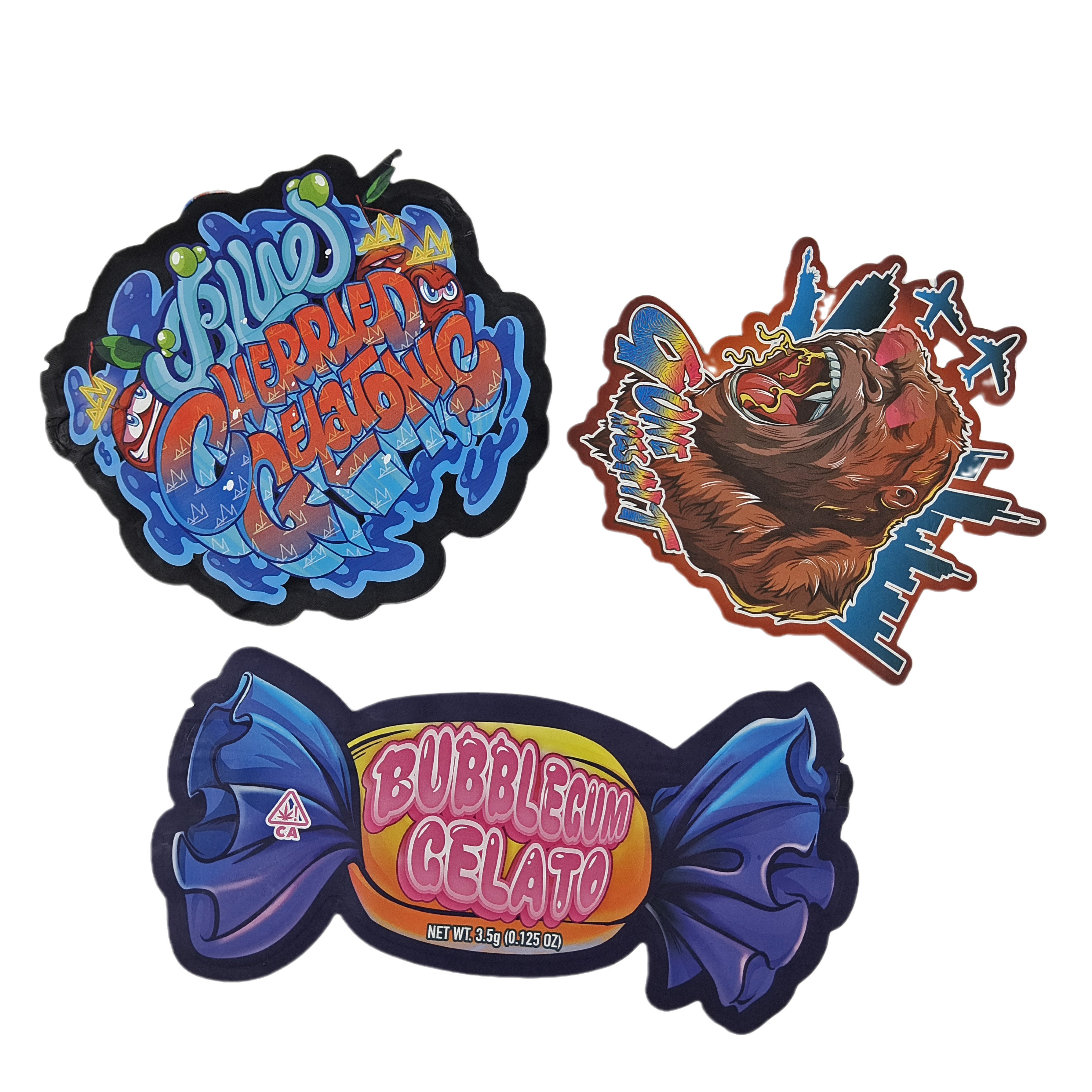 سفارشی دیجیتال چاپ شده برش غیر منظم 3.5g کیسه شکل ویژه مواد غذایی پلاستیکی Ziplock بسته بندی کیسه های Mylar