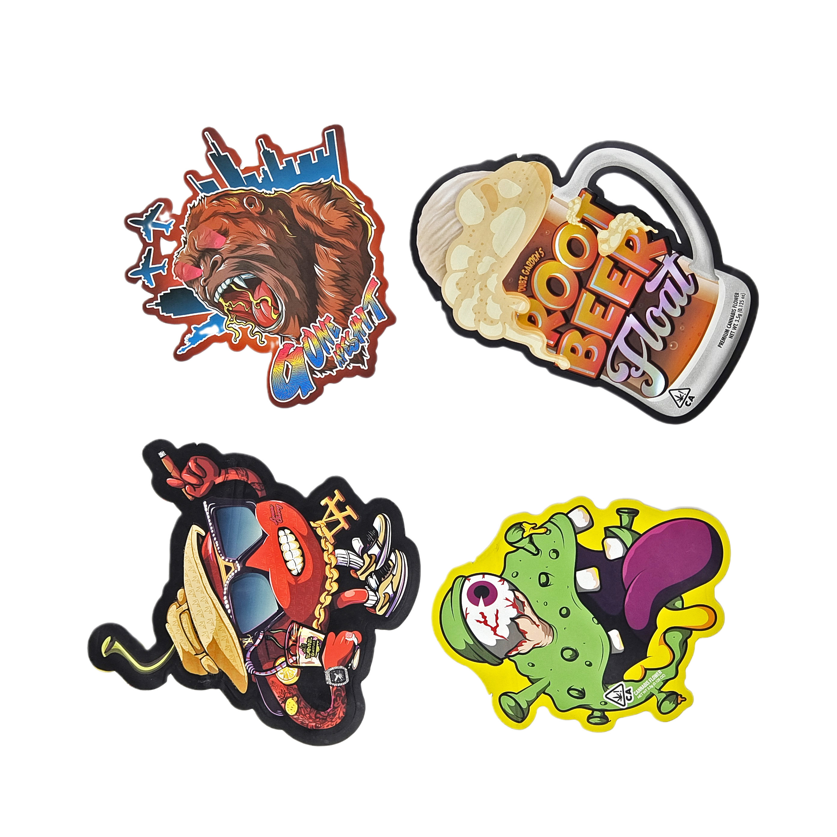 3.5g 7g سفارشی چاپ شده ویژه برش مرطوب شکل نامنظم کیسه های مایلار ضد بوی با زیپ بسته بندی میان وعده کیسه های مایلار