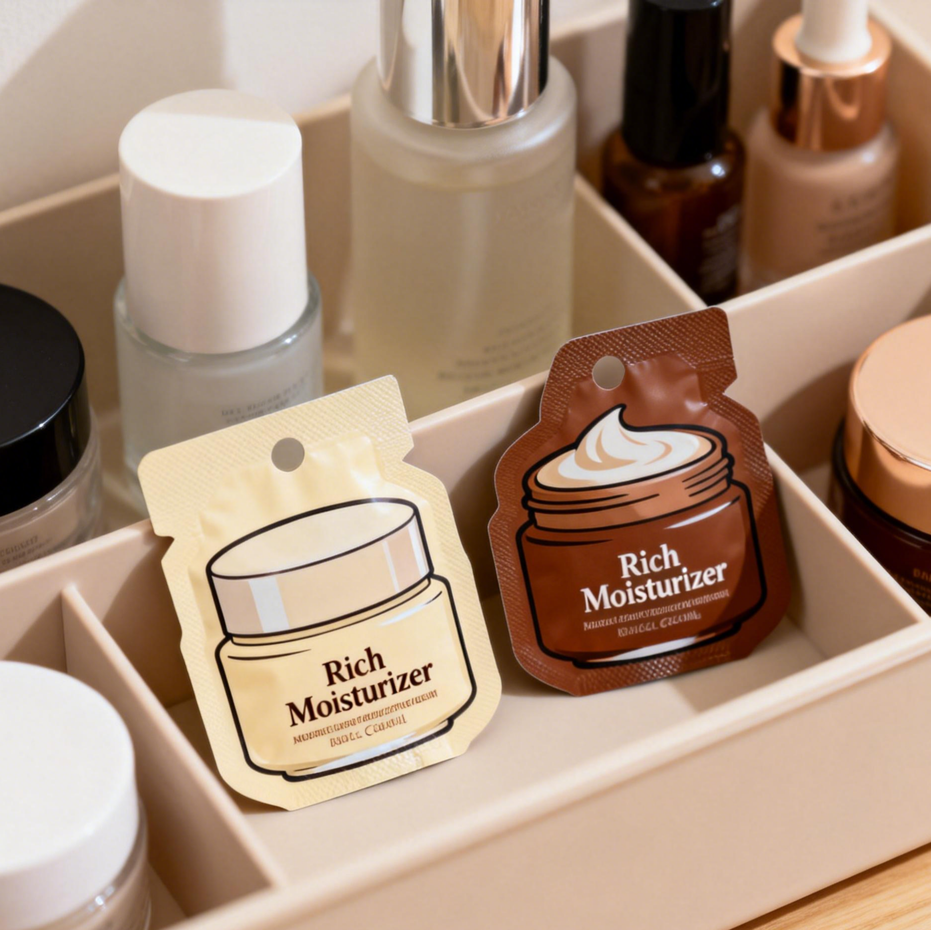 بسته بندی کرم لوشن مراقبت از پوست پلاستیک نمونه کوچک آرایشی کیسه های ورق مایلار کیسه های مهر گرما کیسه های کوچک مینی کیسه