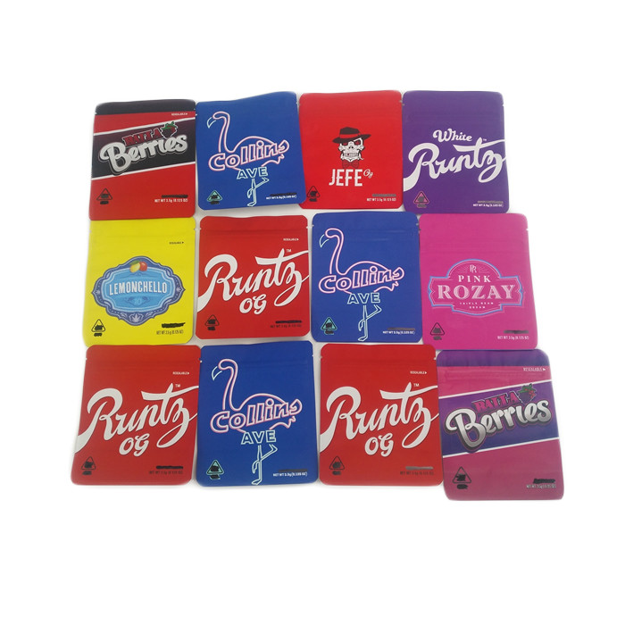 Low MOQ 500pcs نرم لمس بویایی ضد عفونی کننده مواد بسته بندی کیسه کیسه خوراکی مقاوم در برابر کودک 3.5 گرم کوکی ها کیسه Mylar سفارشی